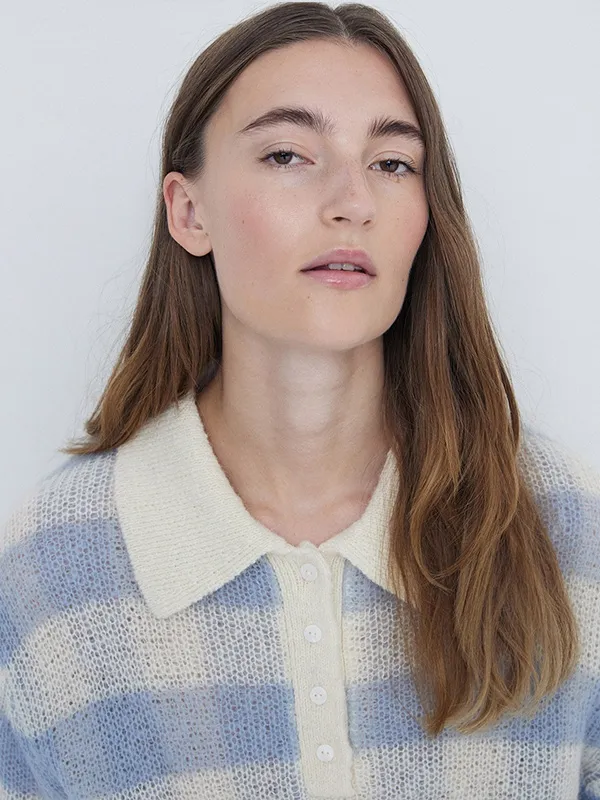 Custom Women's Polo Neck Plaid Knit Sweater