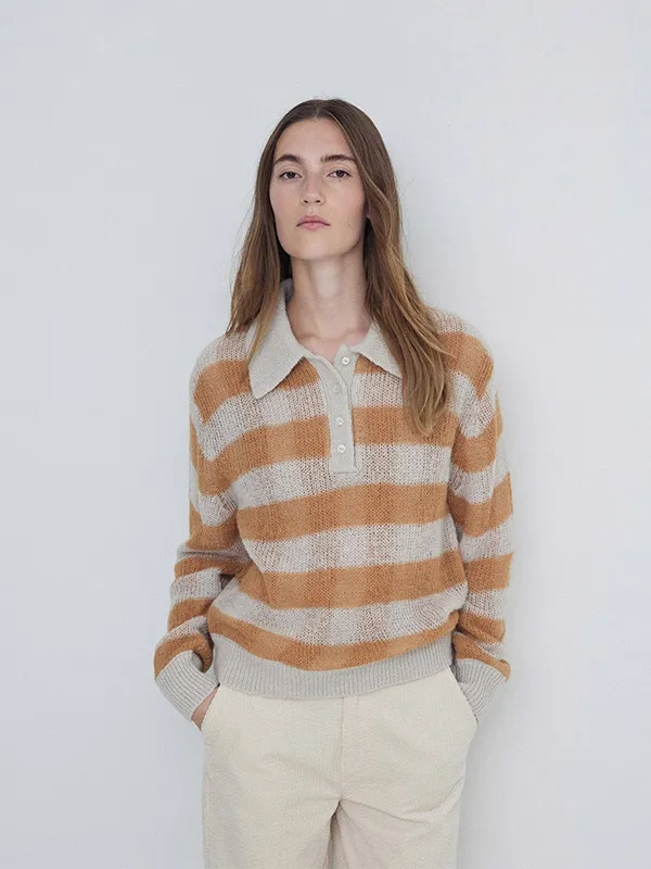 Custom Polo Neck Plaid Knit Women's Sweater