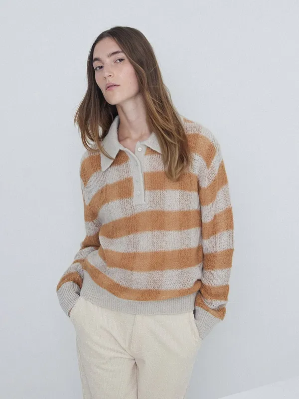 Custom Polo Neck Plaid Knit Women's Sweater