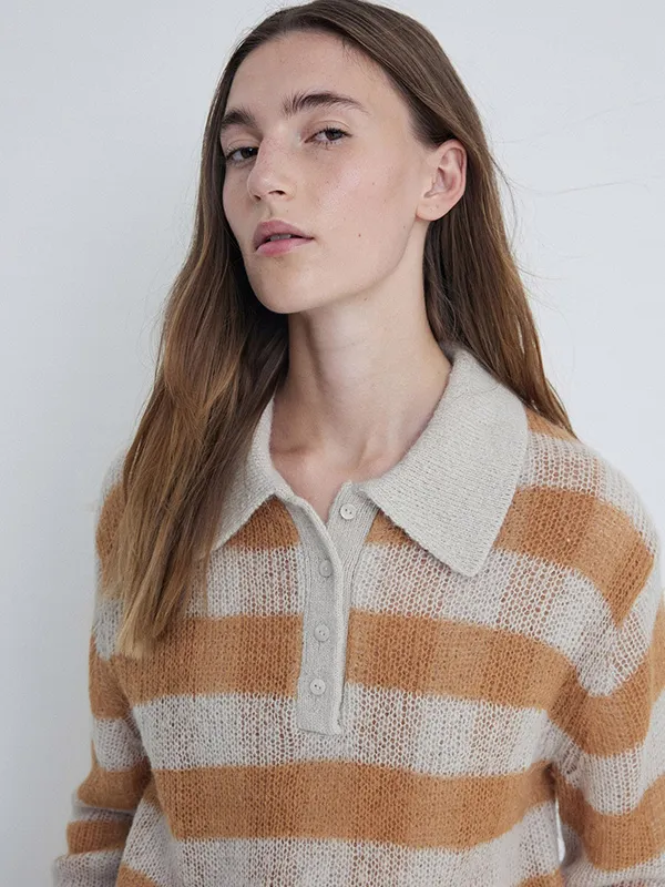 Custom Polo Neck Plaid Knit Women's Sweater