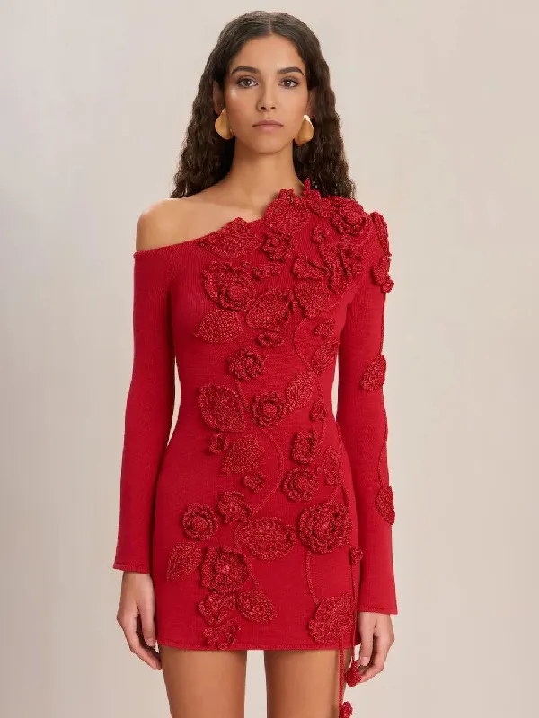 Stunning Red Off-the-Shoulder Floral Embroidered Knit Dress with 3D Roses & Tassel Detailing—Long Sleeves, Bodycon Fit, & Chic Femininity for Elegant Evenings