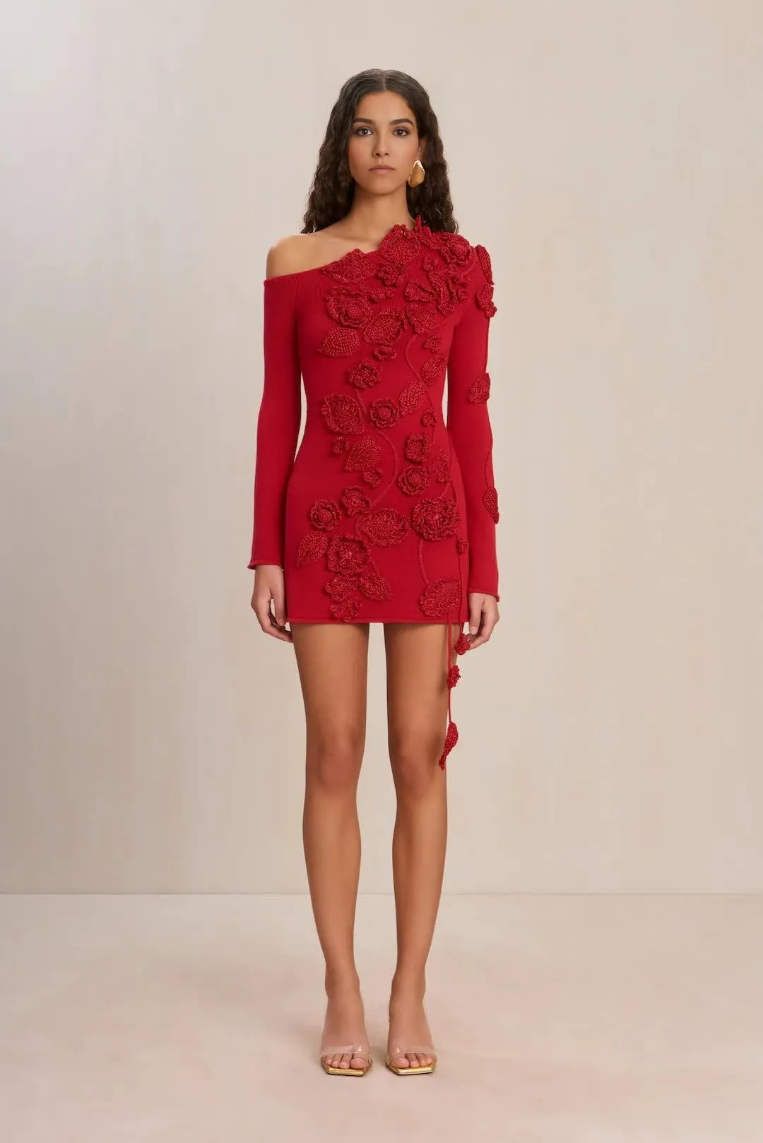 Stunning Red Off-the-Shoulder Floral Embroidered Knit Dress with 3D Roses & Tassel Detailing—Long Sleeves, Bodycon Fit, & Chic Femininity for Elegant Evenings