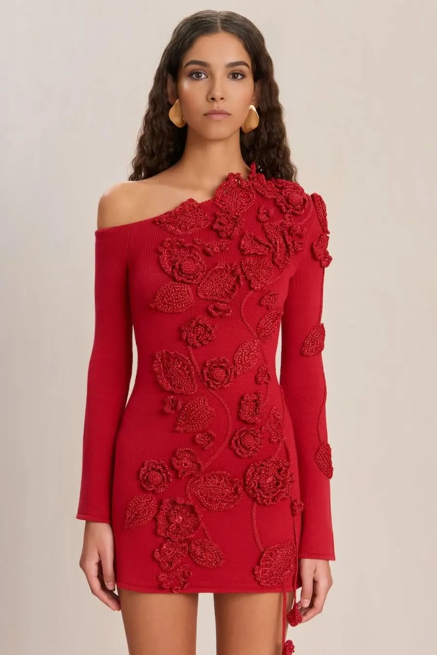 Stunning Red Off-the-Shoulder Floral Embroidered Knit Dress with 3D Roses & Tassel Detailing—Long Sleeves, Bodycon Fit, & Chic Femininity for Elegant Evenings