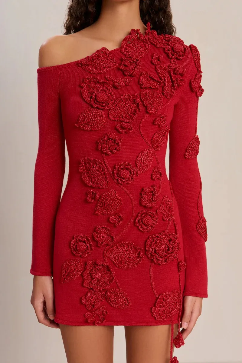 Stunning Red Off-the-Shoulder Floral Embroidered Knit Dress with 3D Roses & Tassel Detailing—Long Sleeves, Bodycon Fit, & Chic Femininity for Elegant Evenings