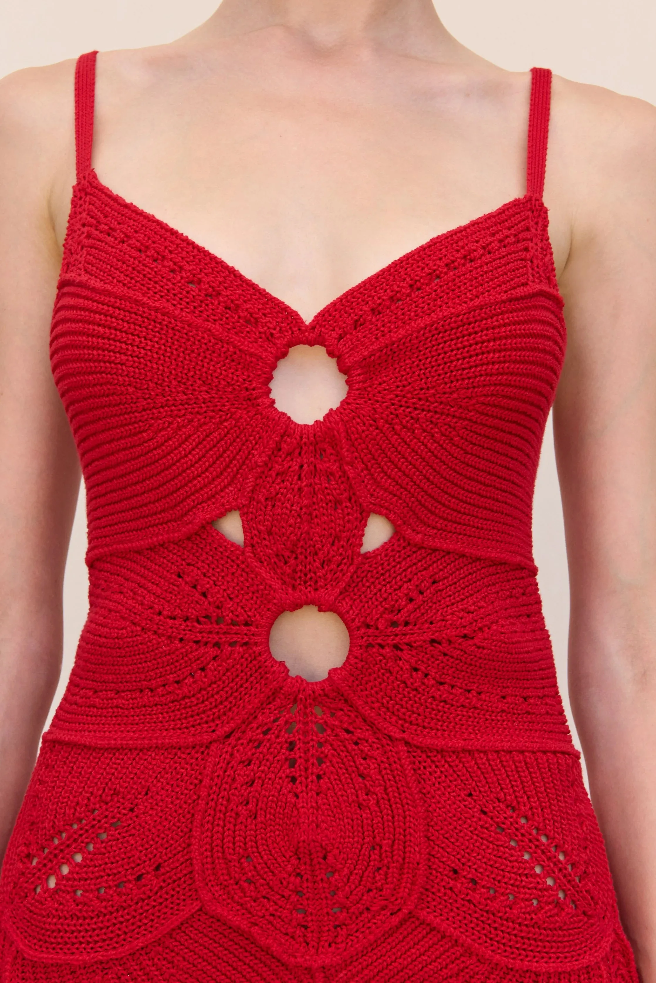 Customizable Red Strappy Hollow Knit Short Dress Deep V Neckline & Back with Delicate Hollow Ornaments Mini Dresses