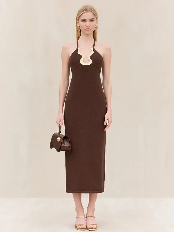 Brown Knit Off-Shoulder Crisscross High-Waisted Dress with Geo Chest Detail Hugging Fit, Midi Length, Elegant Style