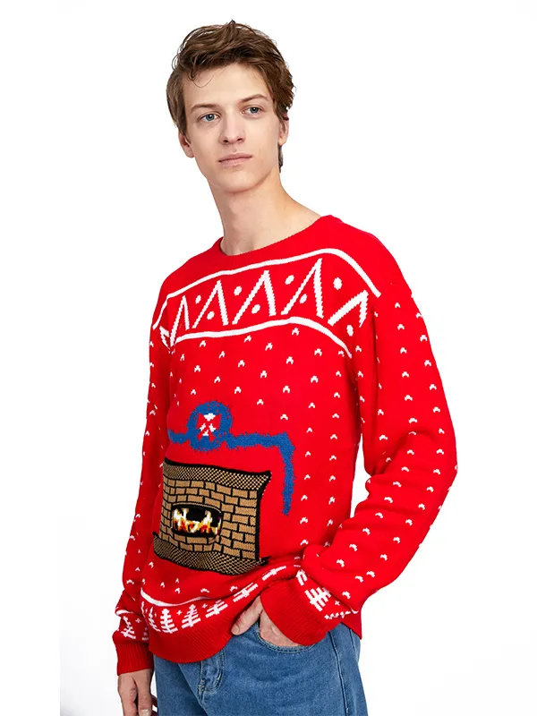 FNJIA 2025 Men's Fireplace Funny Jacquard Ugly Christmas Sweater