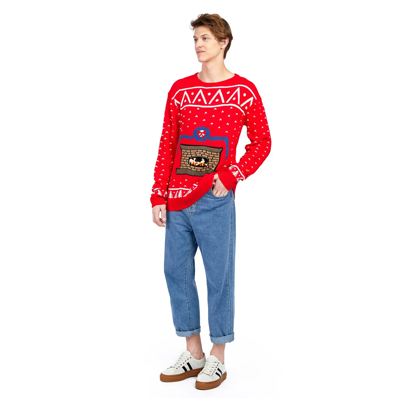 FNJIA 2025 Men's Fireplace Funny Jacquard Ugly Christmas Sweater