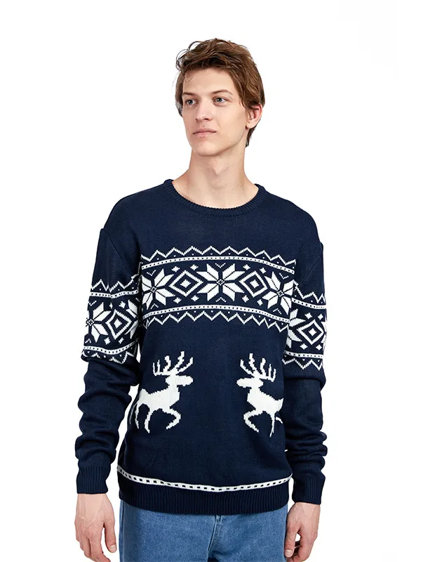 FNJIA Customized Reindeer Pattern Men's Knitted Jacquard Christmas Sweater