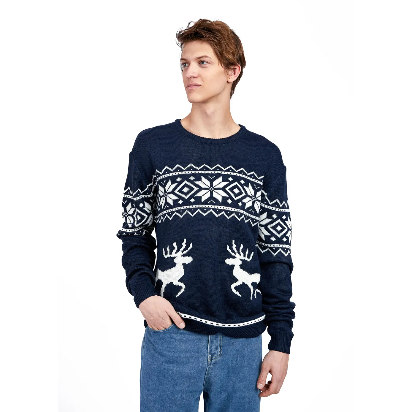 FNJIA Customized Reindeer Pattern Men's Knitted Jacquard Christmas Sweater