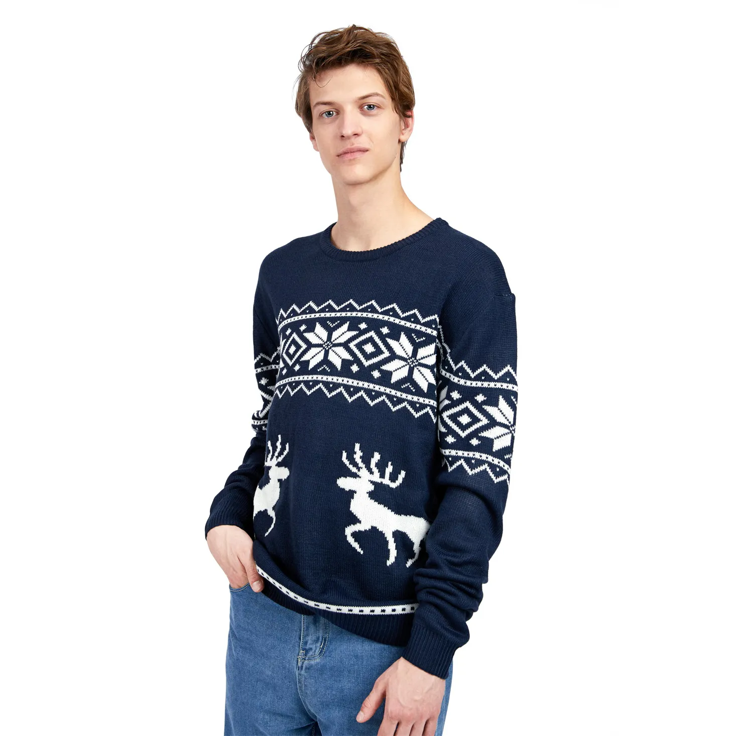 FNJIA Customized Reindeer Pattern Men's Knitted Jacquard Christmas Sweater
