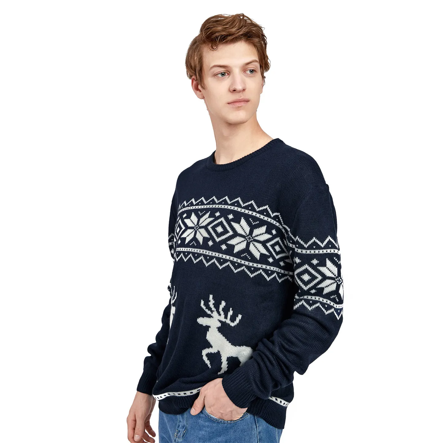 FNJIA Customized Reindeer Pattern Men's Knitted Jacquard Christmas Sweater