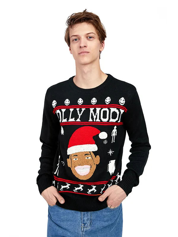 Customized ugly Christmas sweater knitted in men's style with a cartoon Santa Claus pattern