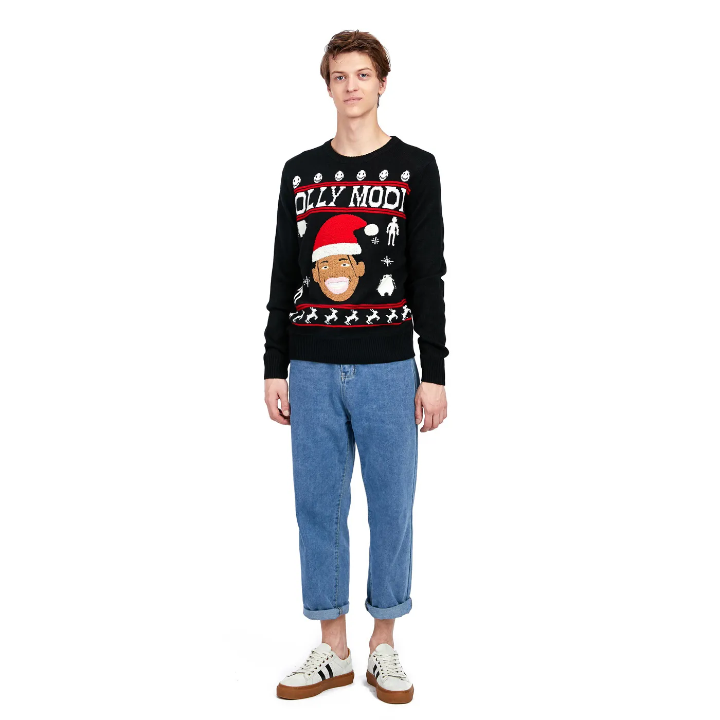 Customized ugly Christmas sweater knitted in men's style with a cartoon Santa Claus pattern