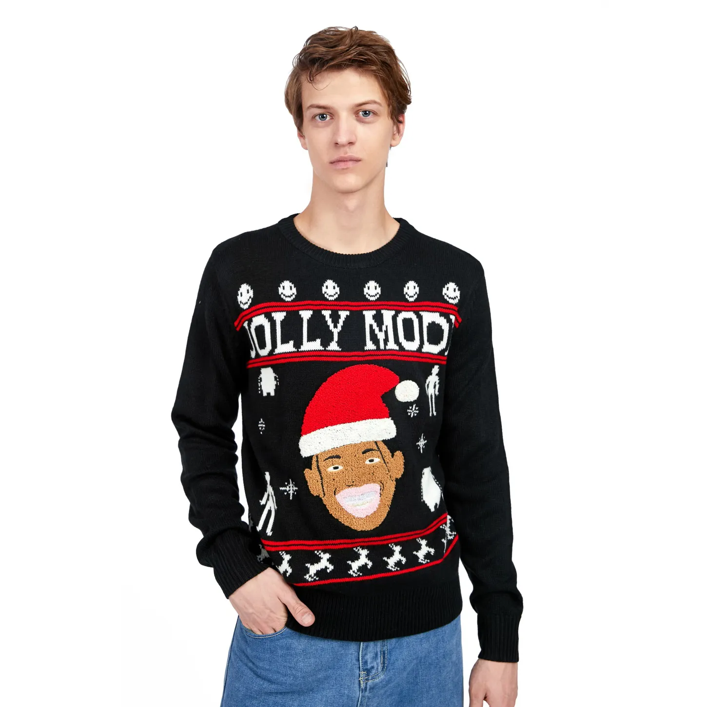 Customized ugly Christmas sweater knitted in men's style with a cartoon Santa Claus pattern