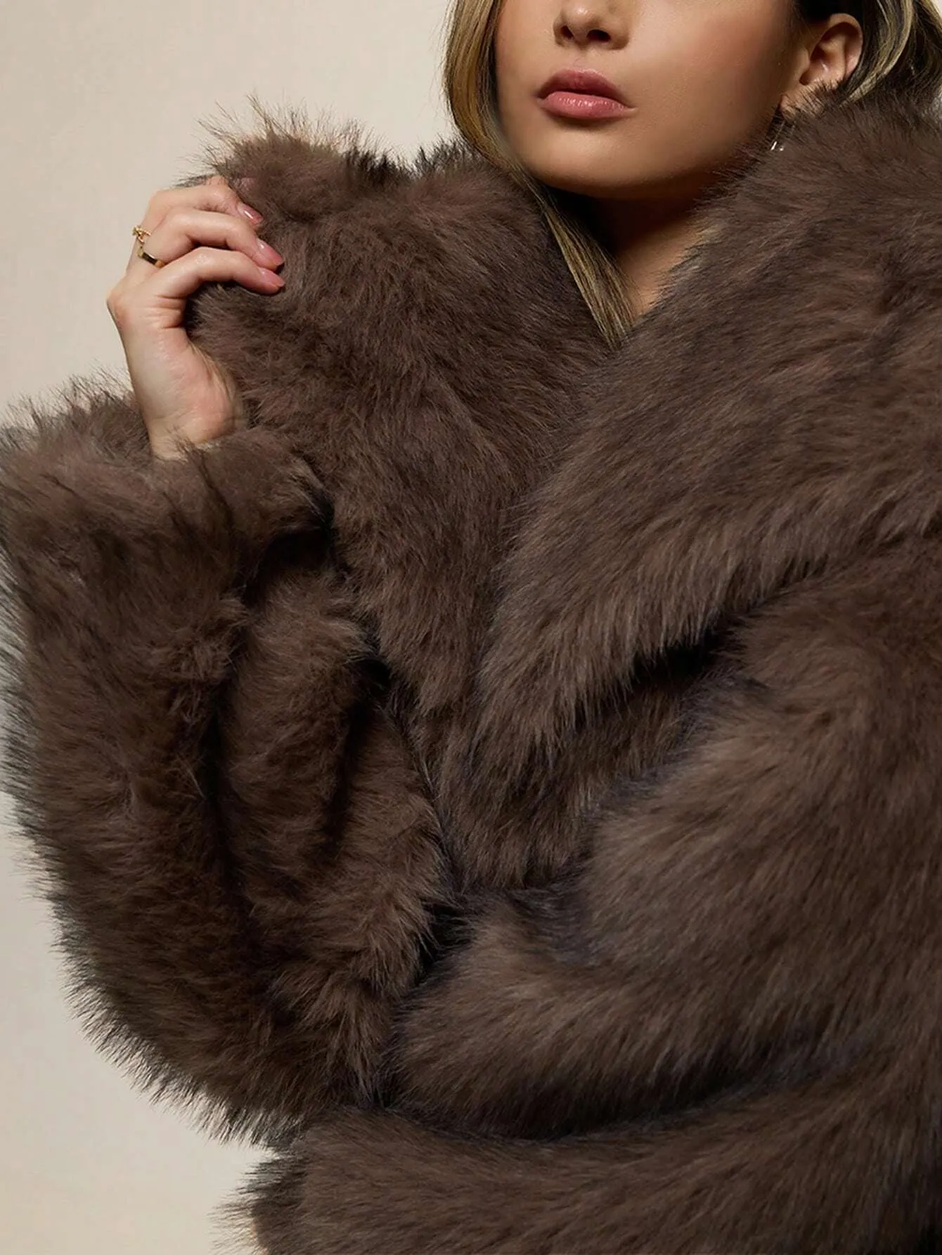 Custom FNJIA Women's Casual Luxury Solid Color Faux Fur Coat