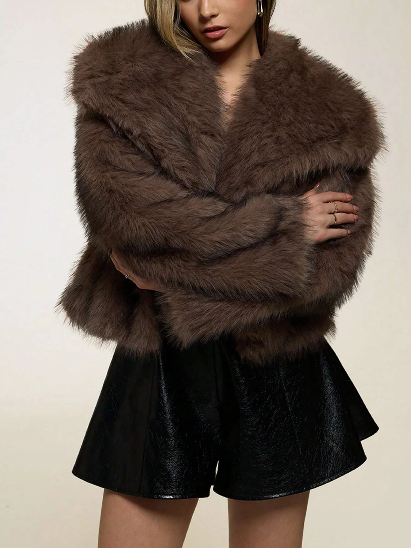 Custom FNJIA Women's Casual Luxury Solid Color Faux Fur Coat