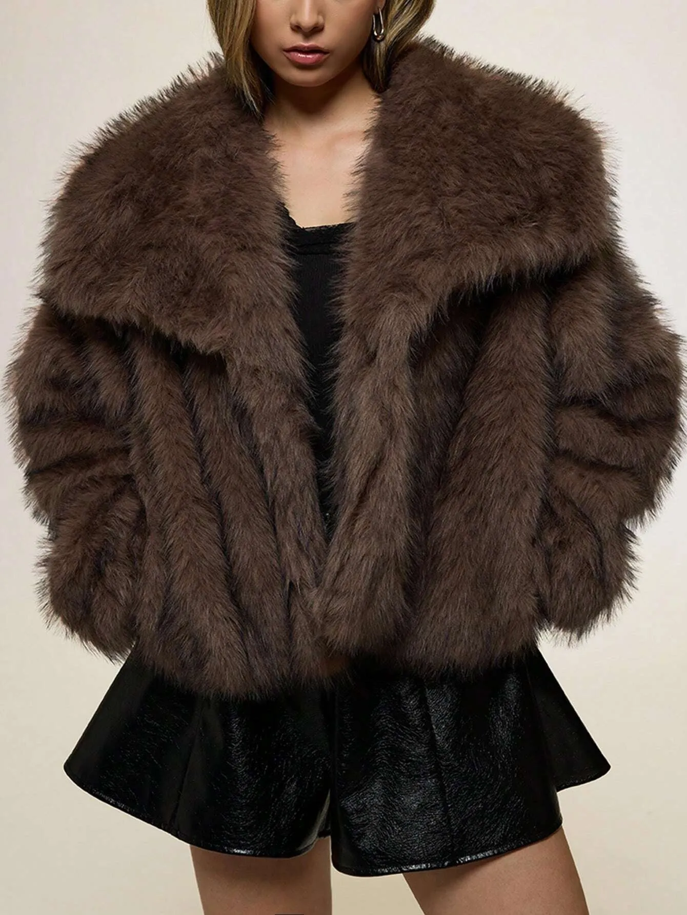 Custom FNJIA Women's Casual Luxury Solid Color Faux Fur Coat