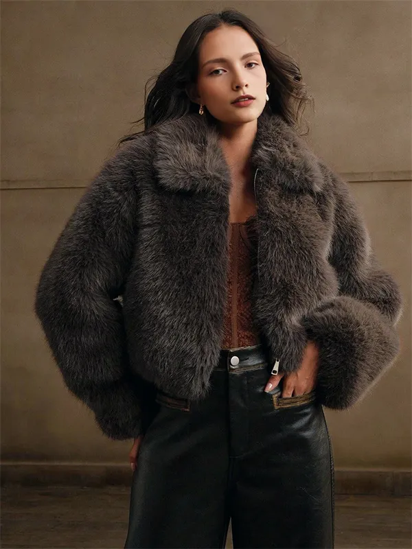 Retro Collar Long Sleeved Buttons Women's Faux Fur Coats Winter Thick Warm Solid Color Jacket Female High Street Outerwear