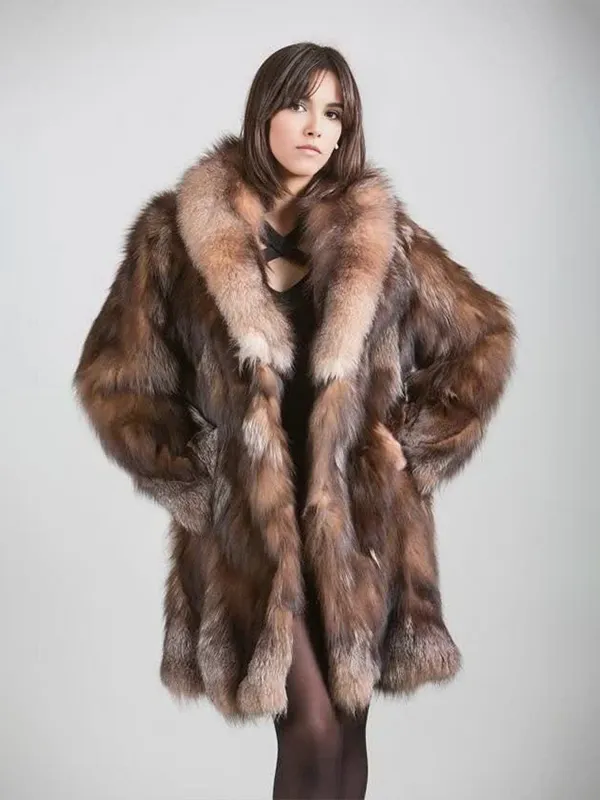 Custom Ladies's Long Maxi Fox Faux Fur Coat Winter Solid Sheared Pockets Overcoat for Cold Seasons