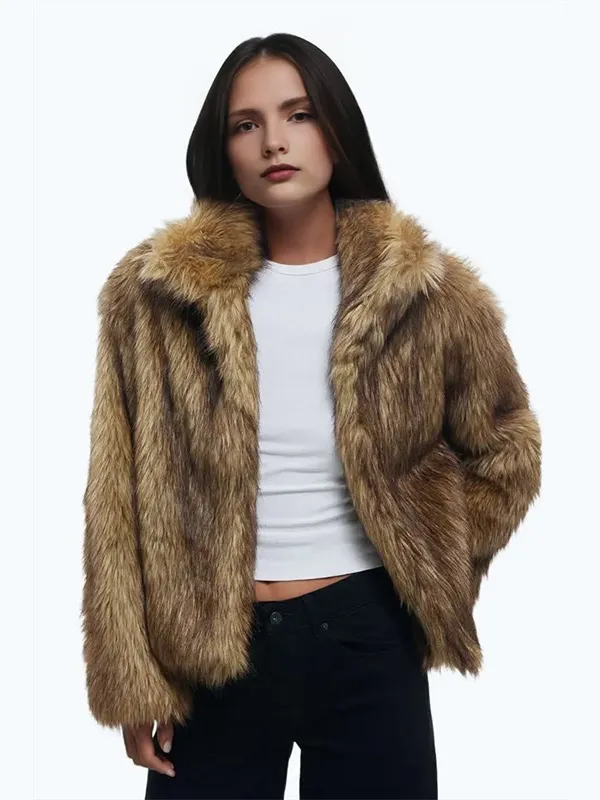 Custom Latest Fashion Design Beige Faux-Fur Jacket Women's Jackets Faux Fur Coat