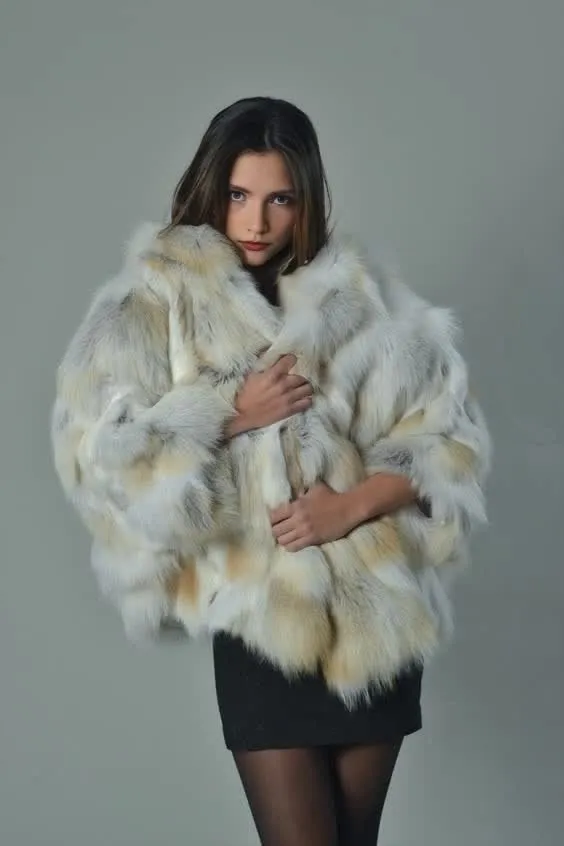 Women Winter Warm Fluffy FurJacket Gold Marbling Fox High Quality Fur Coat